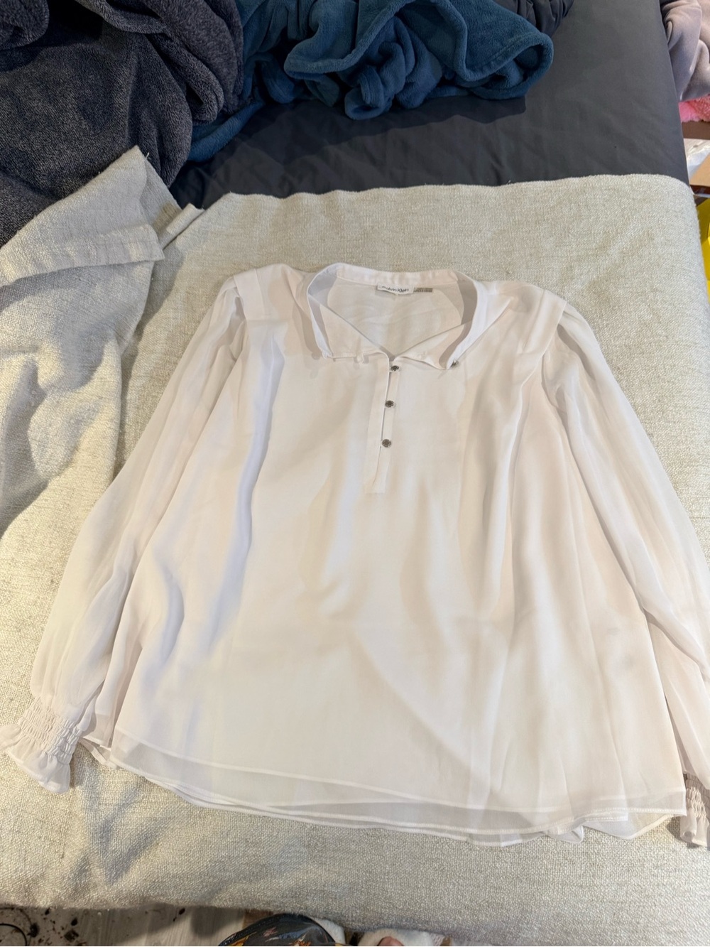 Calvin Klein White Sheer Chiffon Long Sleeve Blouse
